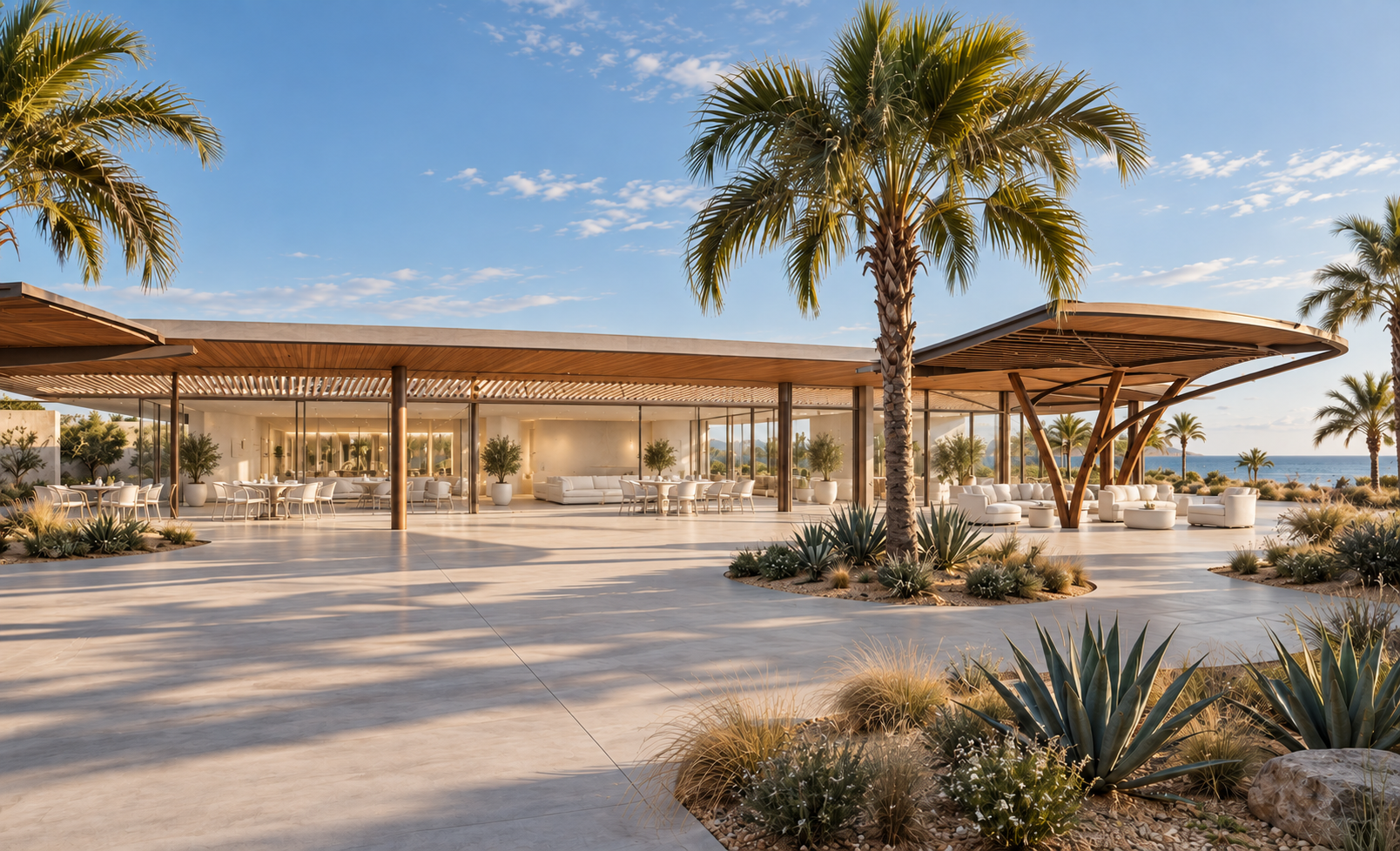 Rendering of the planned clubhouse with palm courtyard and ocean beyond