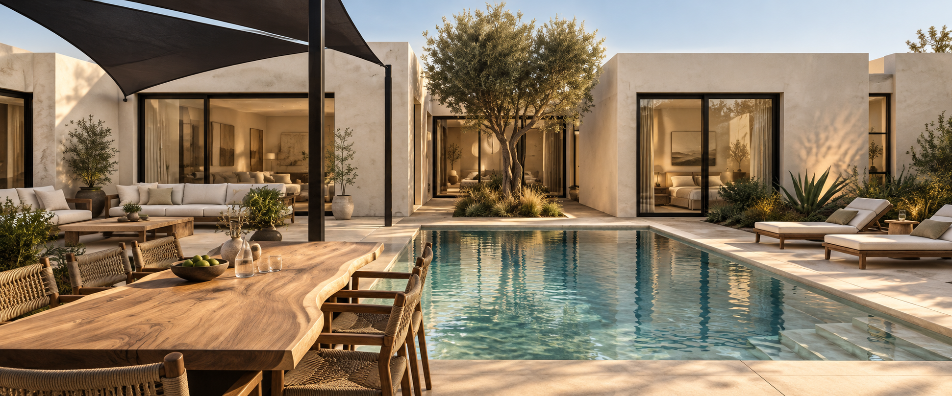 Rendering of a proposed villa courtyard with pool, shaded lounge and olive tree